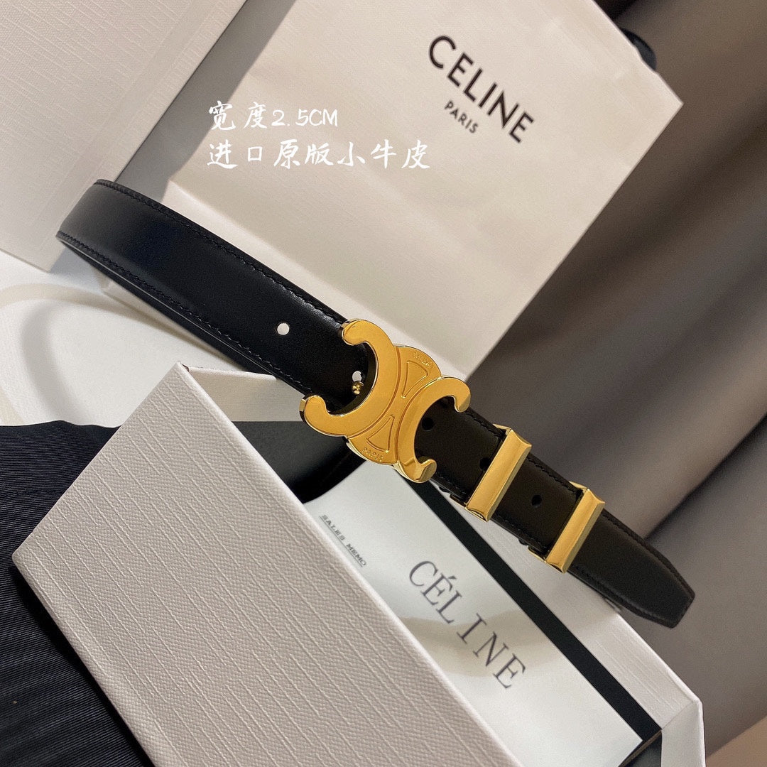 CL MEDIUM 25MM TRIOMPHE BELT IN BLACK CALFSKIN GOLD HARDWARE