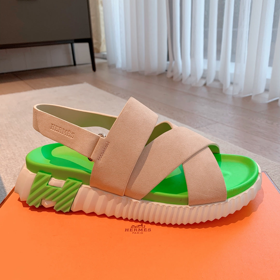 HM ELECTRIC SANDAL PARAKEET AND KHAKI CALFSKIN