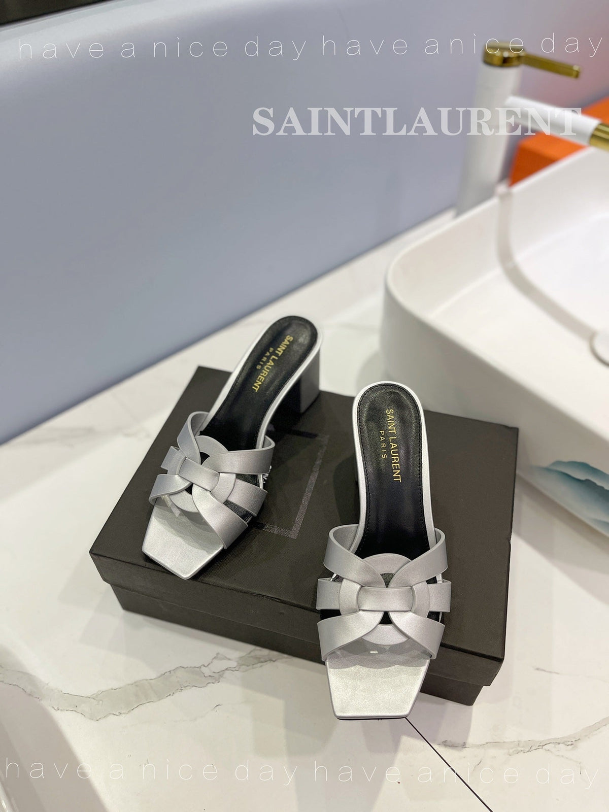 SL TRIBUTE MULES SILVER CALFSKIN