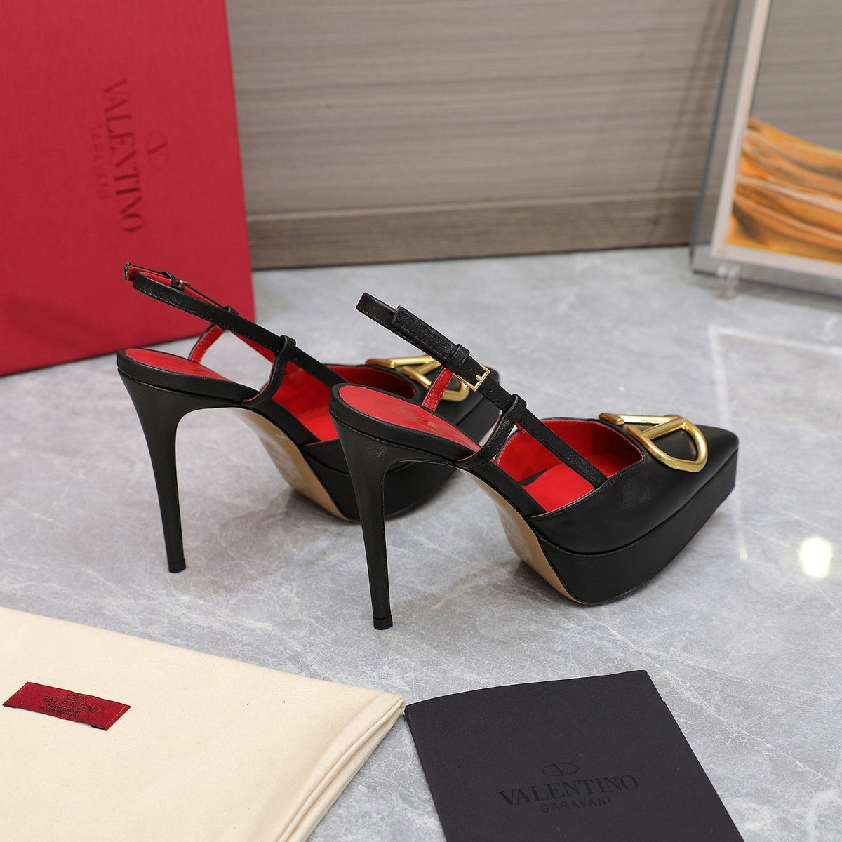 VALENTINO GARAVANI VLOGO PLATFORM SLING BACK 120 BLACK RED COWHIDE 392142