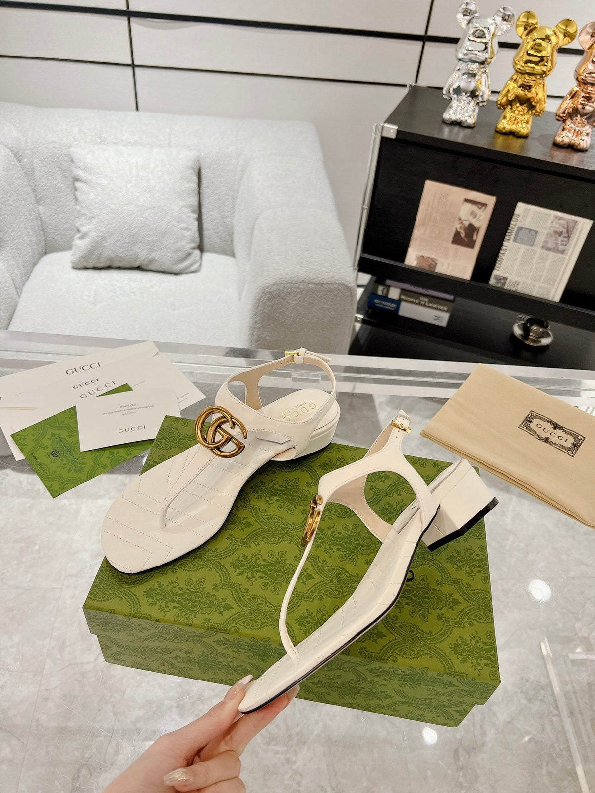 GC Double G Block Heel Thong Sandals White Leather 292408