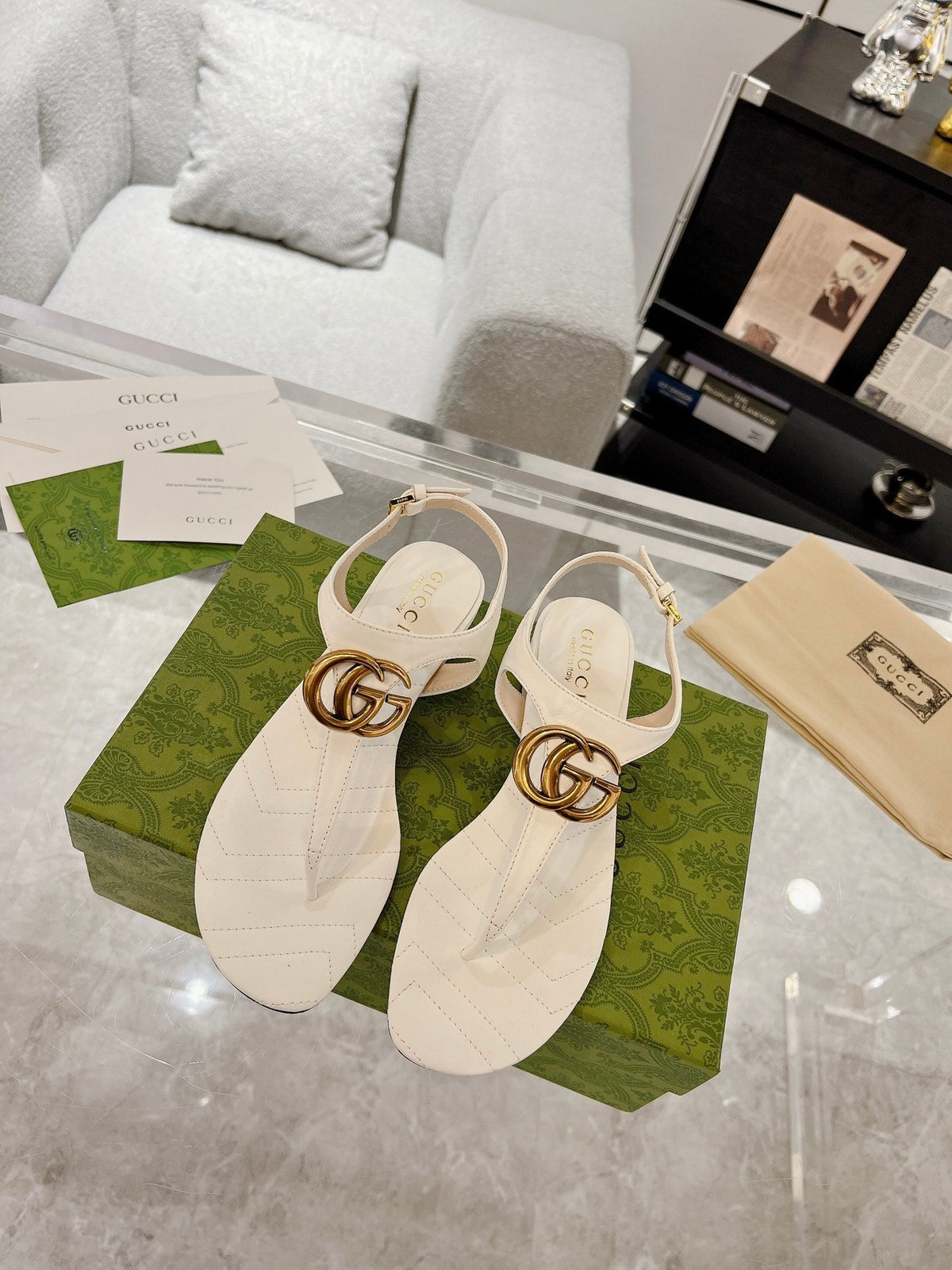 GC Double G Block Heel Thong Sandals White Leather 292408