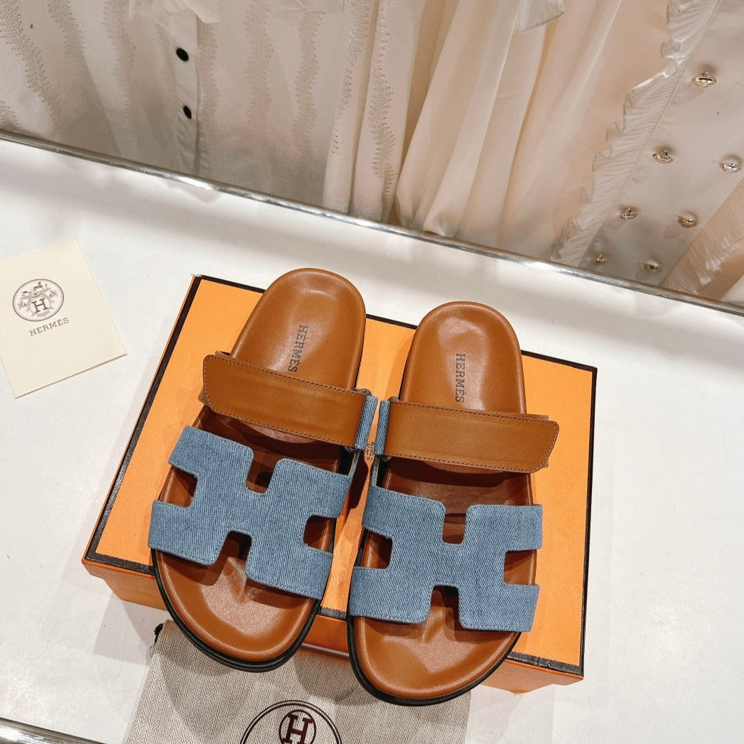 CHYPRE SANDAL BRIGHT BROWN LAMBSKIN AND BLUE DENIM
