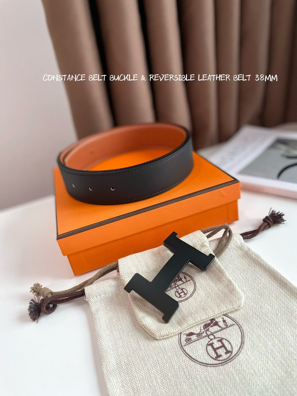 HM CONSTANCE BELT BUCKLE & REVERSIBLE GINGER ORANGE AND BLACK LEATHER STRAP 38MM
