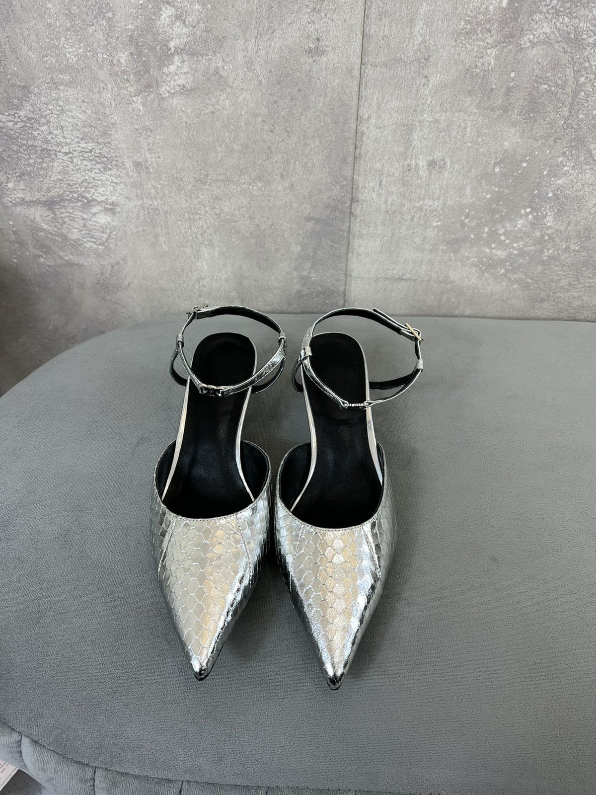 cl kitten with strap 45 platinum lizard stamped metalized calfskin
