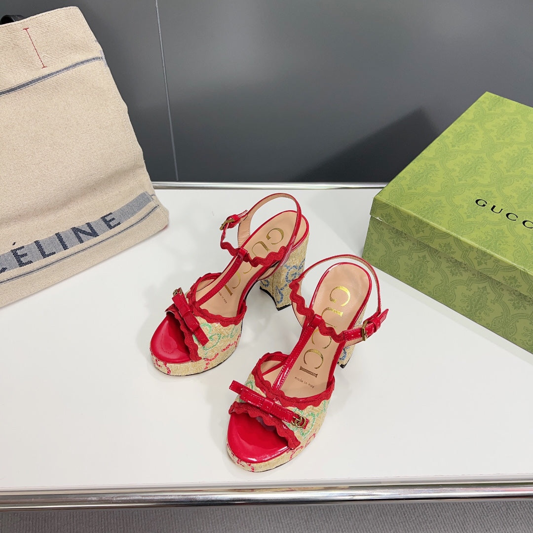 GG Platform Black Heel 105 Sandal Red Calfskin Beige Raffia
