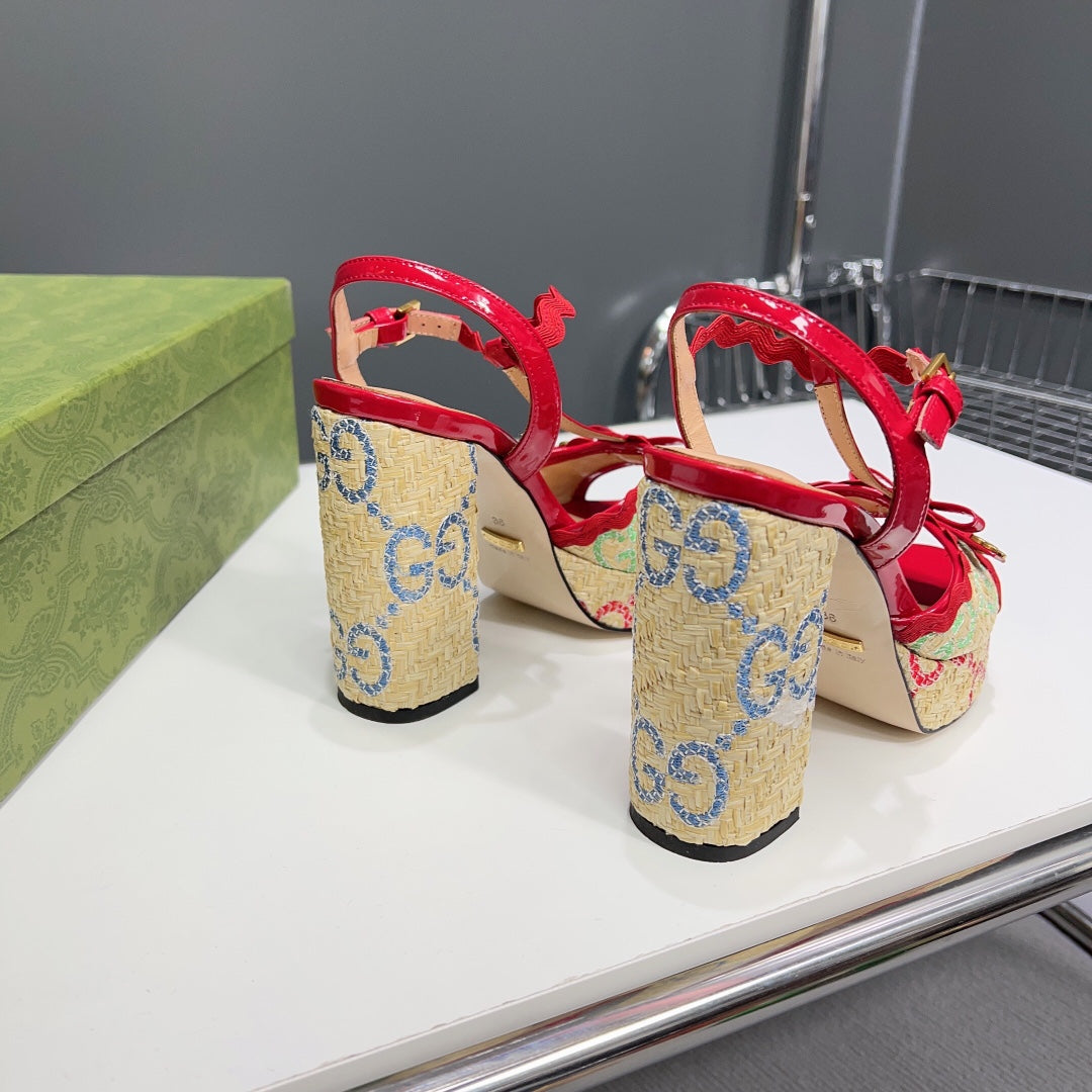 GG Platform Black Heel 105 Sandal Red Calfskin Beige Raffia