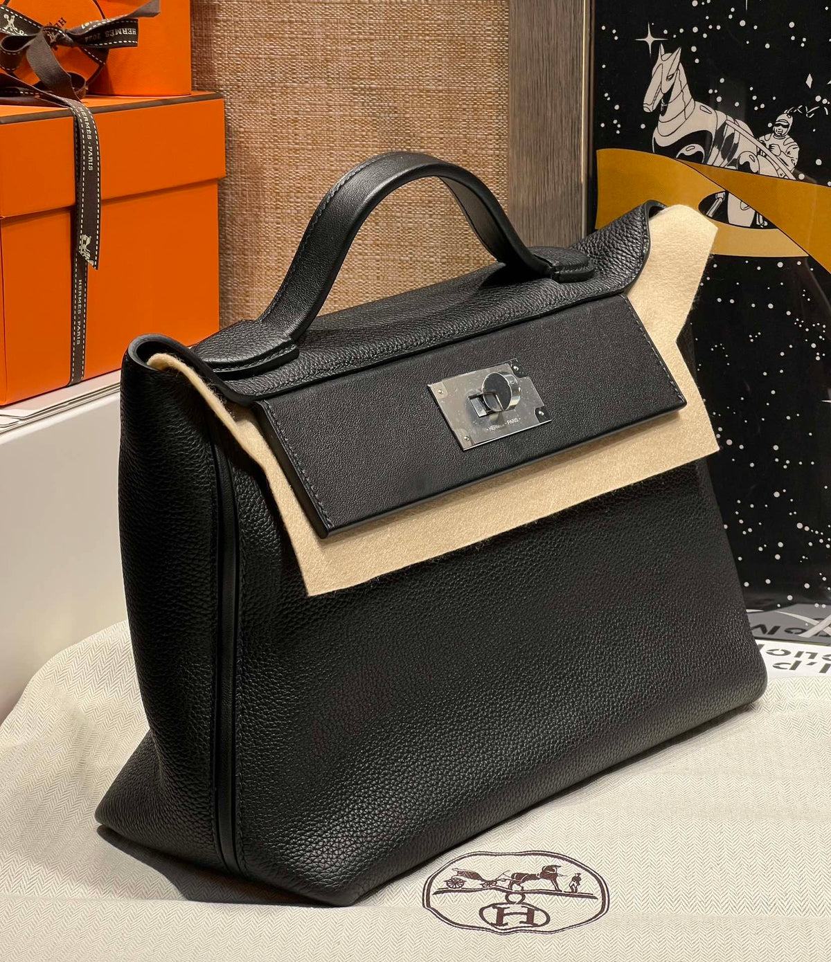 HM 24/24 Bag Black Leather Silver Hardware