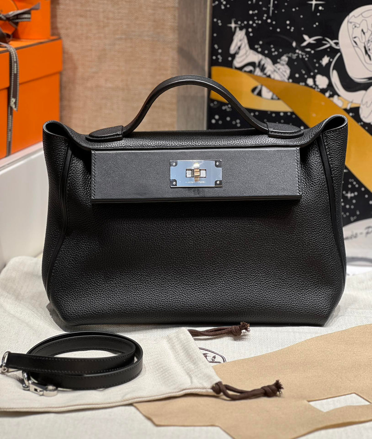 HM 24/24 Bag Black Leather Silver Hardware