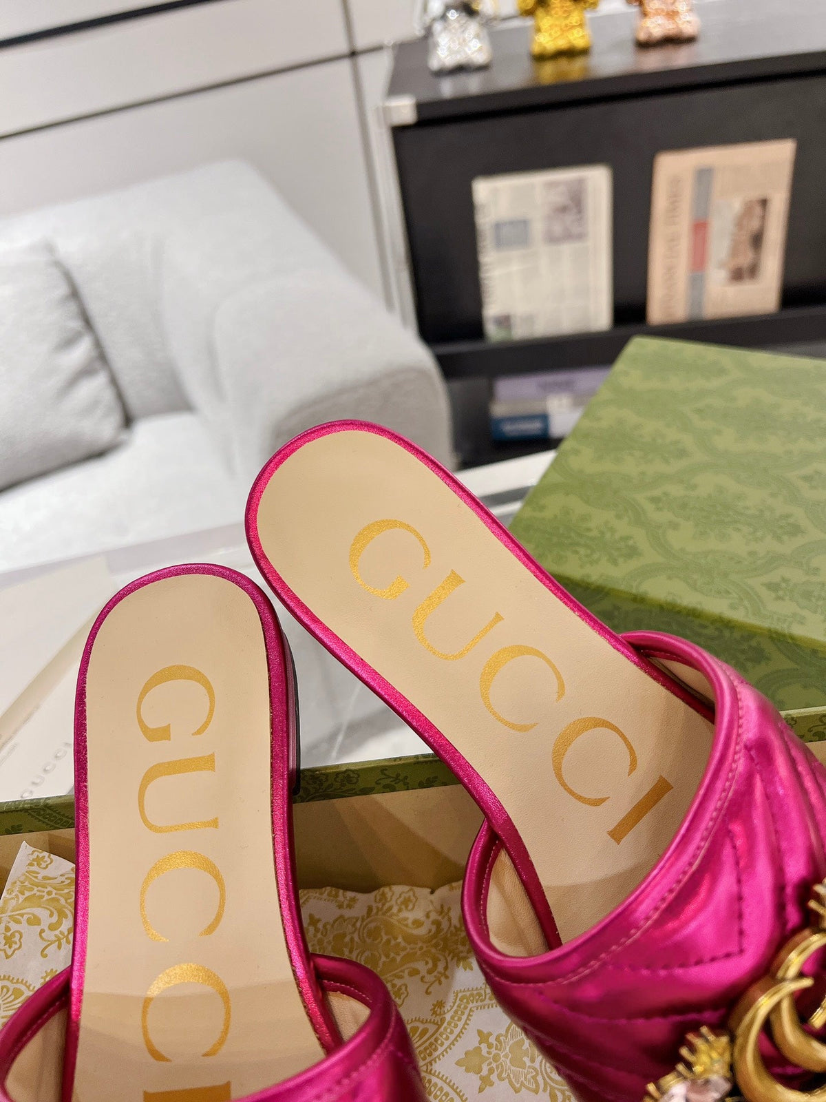 GG SPARKLE CRYSTAL SLIDE SANDAL METALLIC PINK CALFSKIN