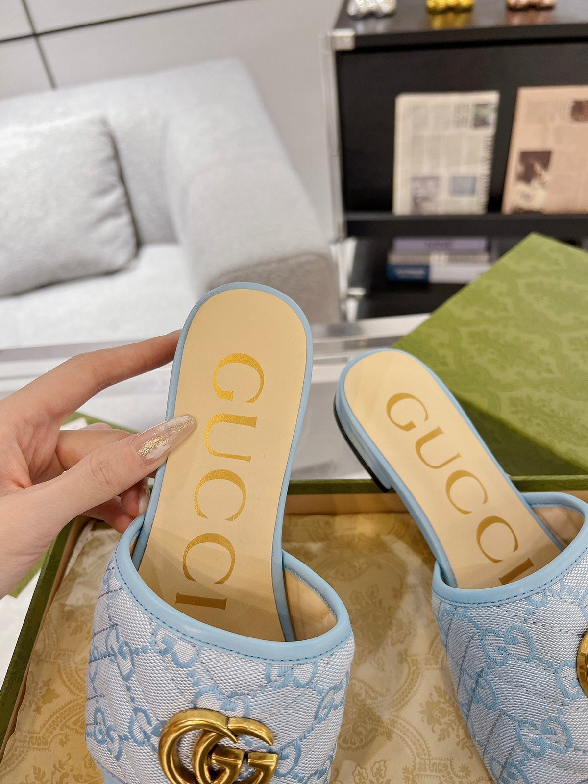 GG EXCLUSIVE SLIDE SANDAL SKY FABRIC