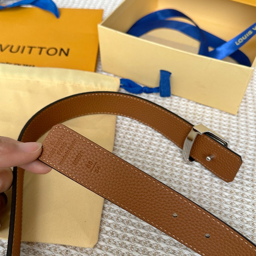 LV 30 MM BELTS IN BLACK AND BRONZE BROWN CALFSKIN SILVER HARDWARE