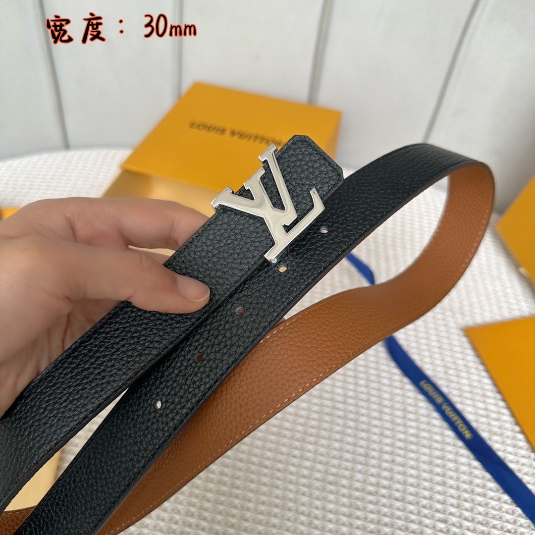 LV 30 MM BELTS IN BLACK AND BRONZE BROWN CALFSKIN SILVER HARDWARE