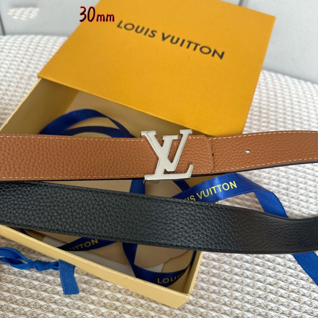 LV Initiales 30mm Reversible Belt Silver Buckle Tan Black Leather