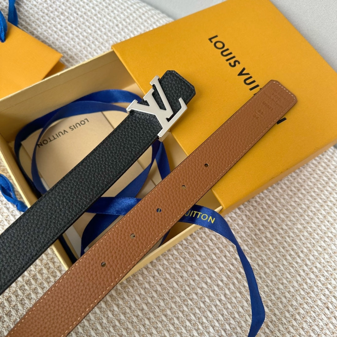 LV 30 MM BELTS IN BLACK AND BRONZE BROWN CALFSKIN SILVER HARDWARE