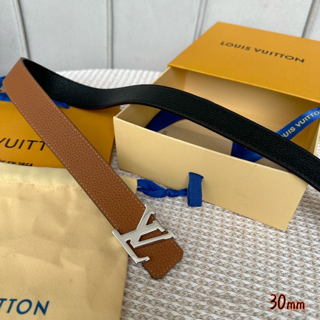 LV Initiales 30mm Reversible Belt Silver Buckle Tan Black Leather