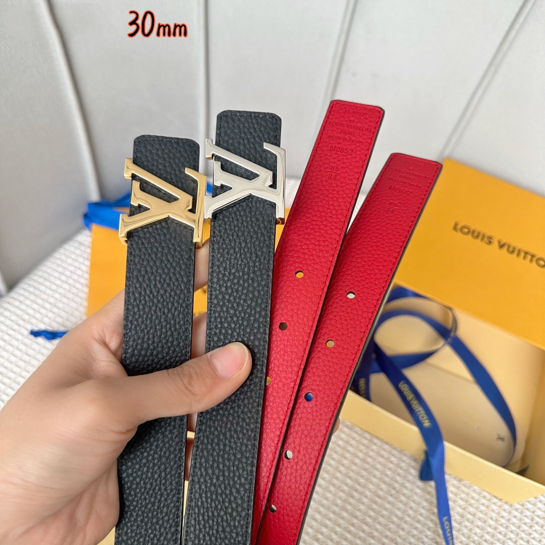 LV Initiales 30mm Reversible Belt Silver Buckle Red Black Leather