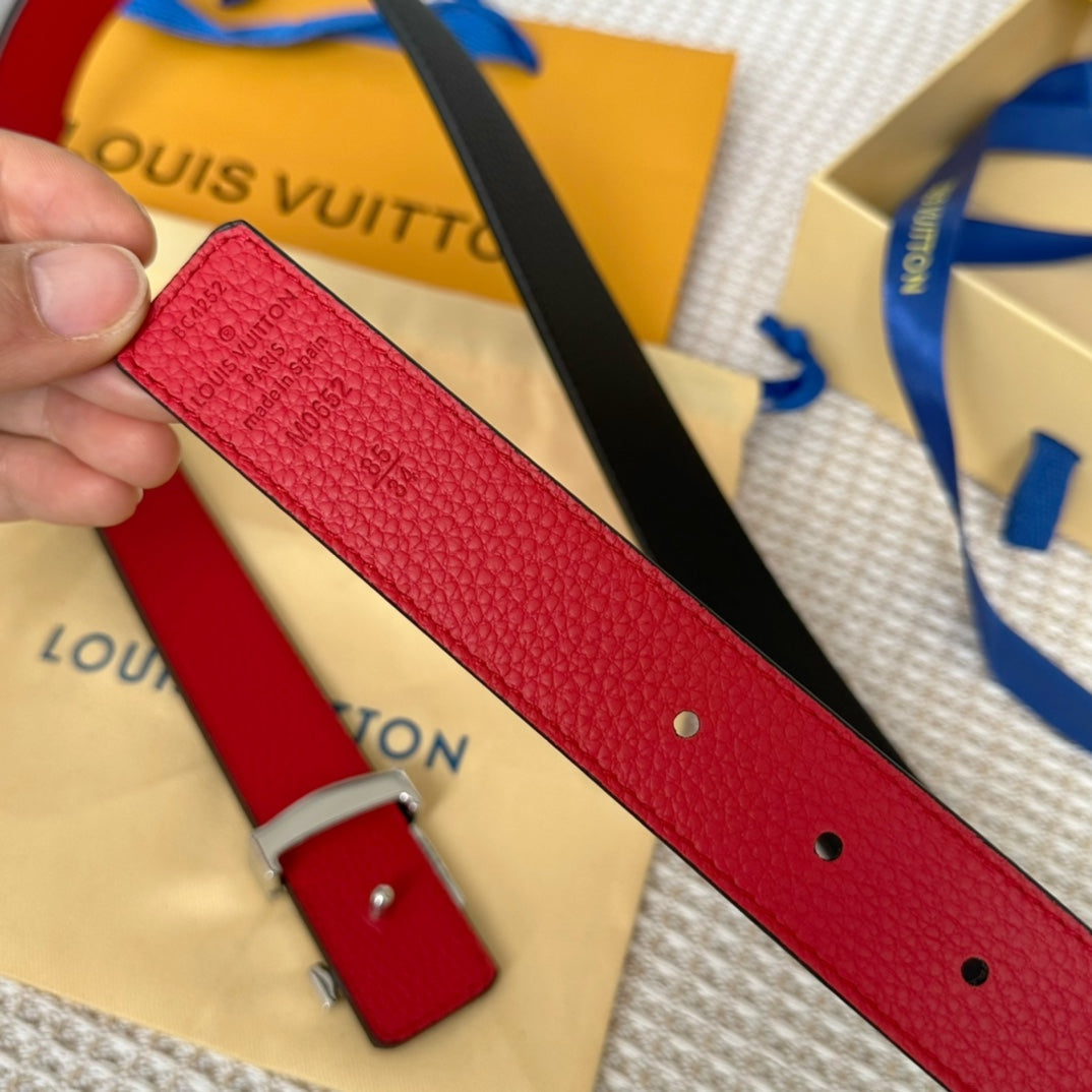 LV Initiales 30mm Reversible Belt Silver Buckle Red Black Leather