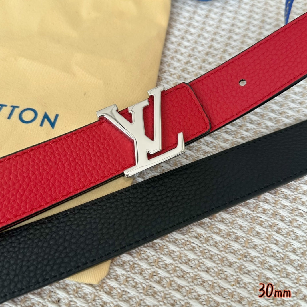 LV Initiales 30mm Reversible Belt Silver Buckle Red Black Leather