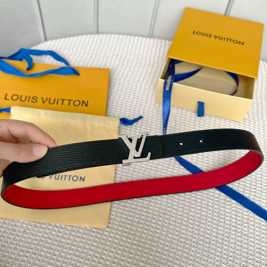 LV Initiales 30mm Reversible Belt Silver Buckle Red Black Leather