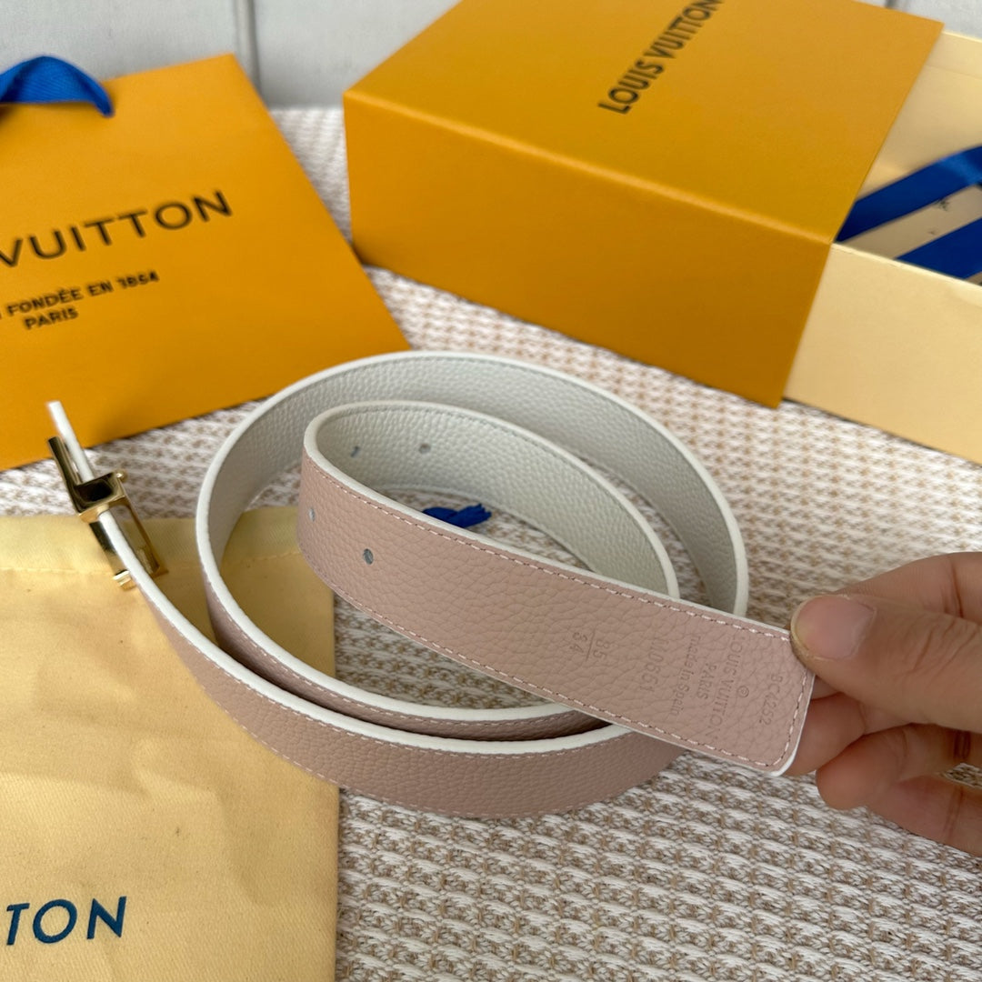 LV Initiales 30mm Reversible Belt Gold Buckle Pink White Leather