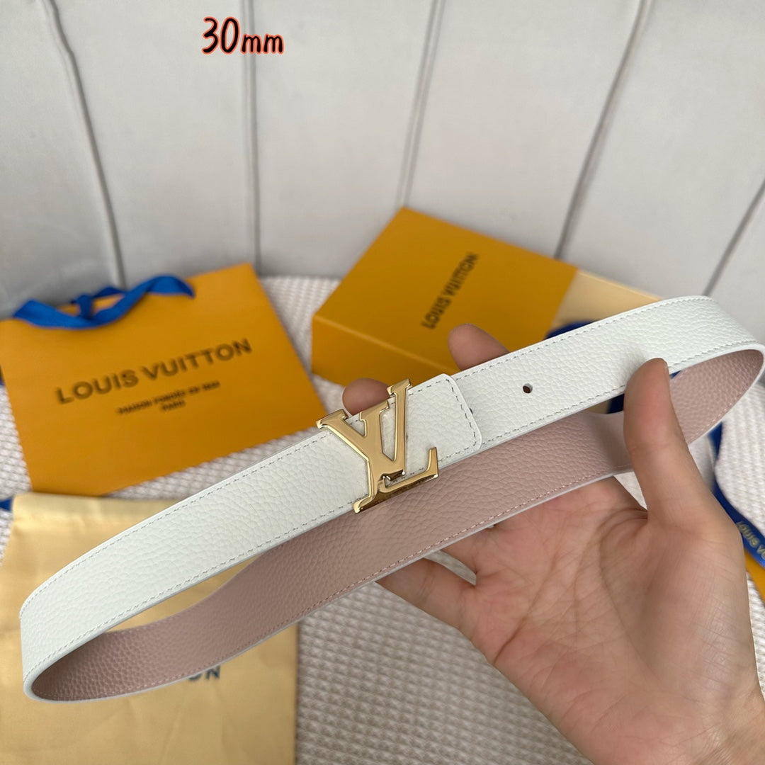 LV Initiales 30mm Reversible Belt Gold Buckle Pink White Leather