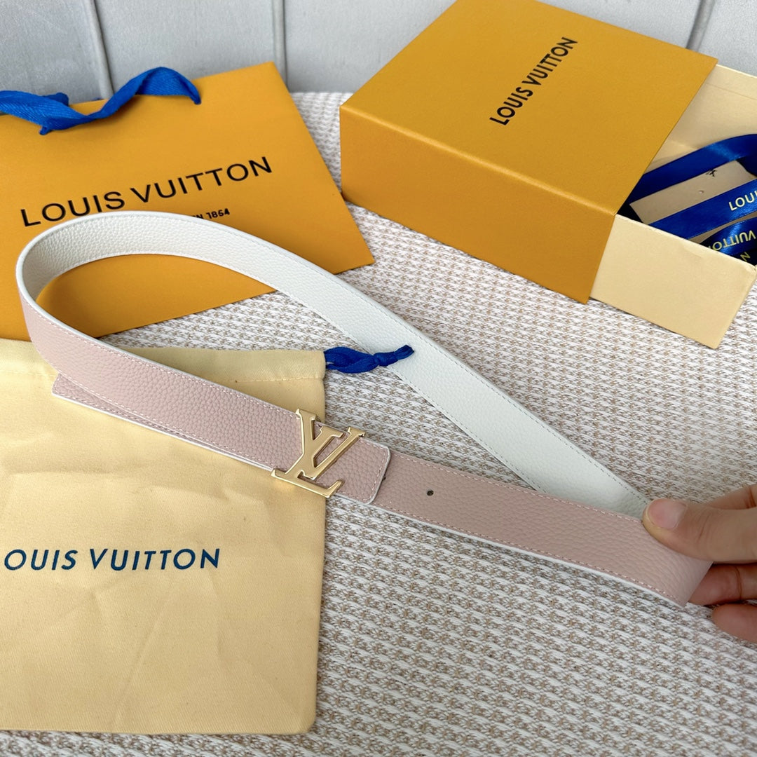 LV Initiales 30mm Reversible Belt Gold Buckle Pink White Leather