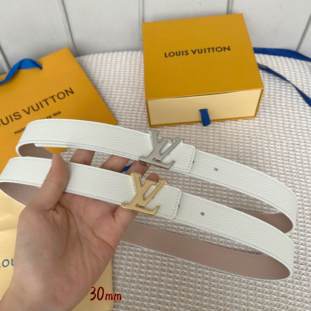 LV Initiales 30mm Reversible Belt Silver Buckle Pink White Leather