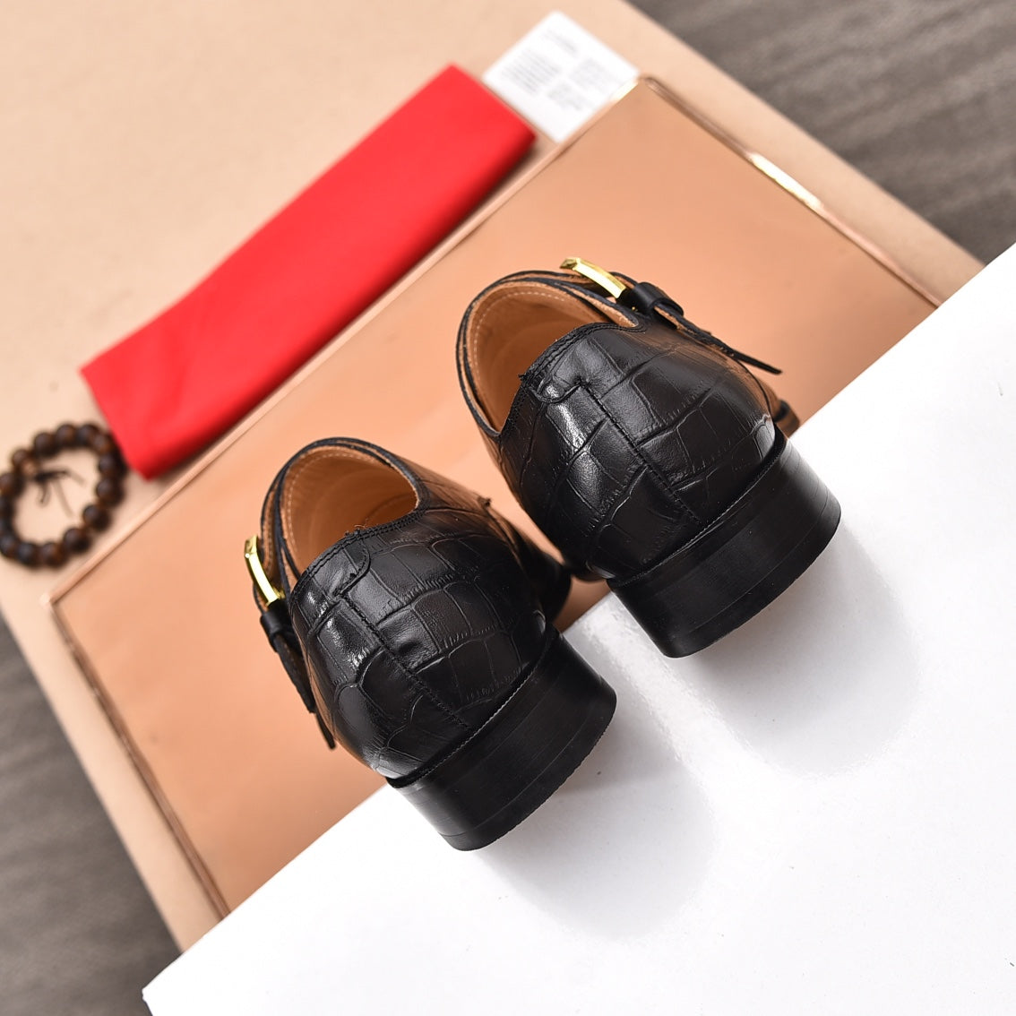 GG Men's Double Monk Strap Loafer Black Embossed Cowhide