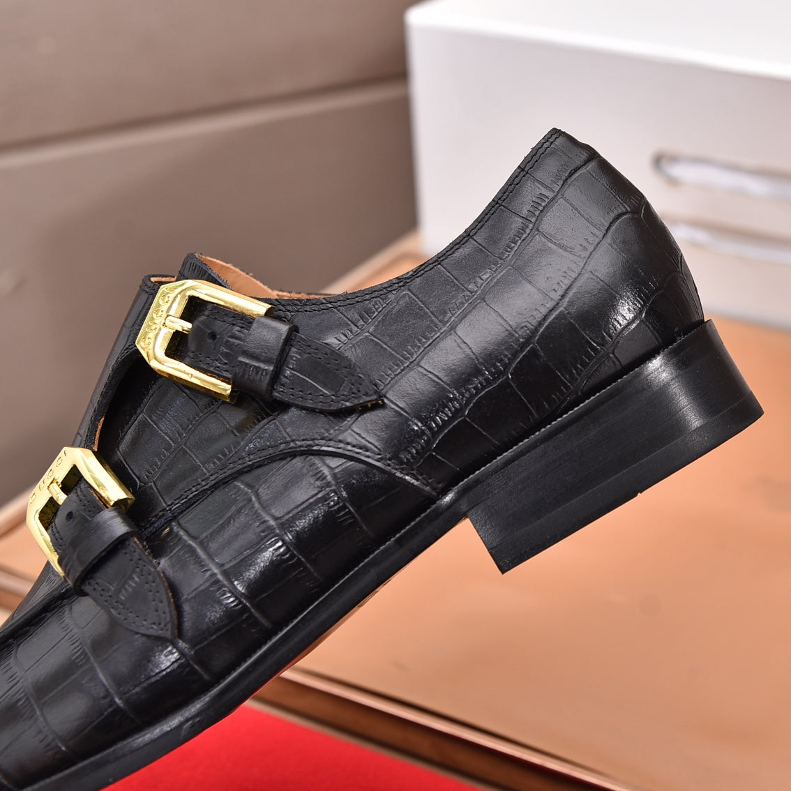 GG Men's Double Monk Strap Loafer Black Embossed Cowhide