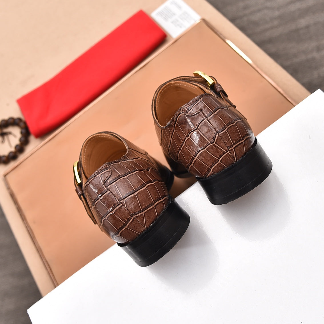GG Men's Double Monk Strap Loafer Brown Embossed Cowhide