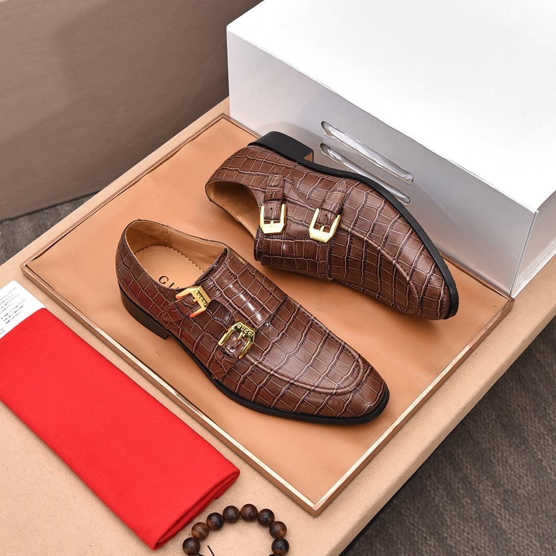 GG Men's Double Monk Strap Loafer Brown Embossed Cowhide