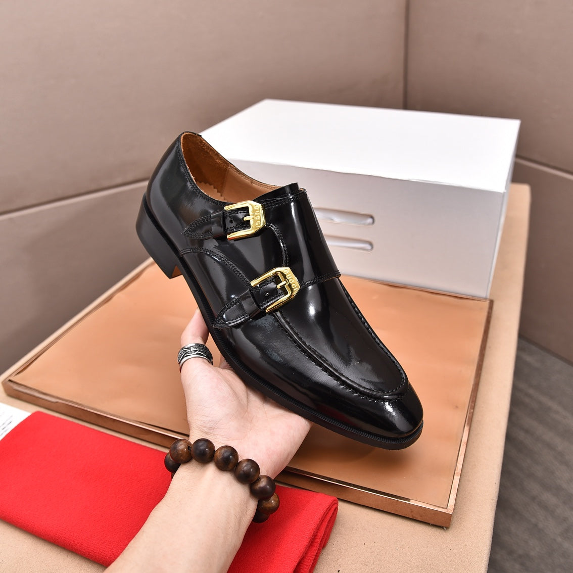 GG Men's Double Monk Strap Loafer Black Cowhide 525979