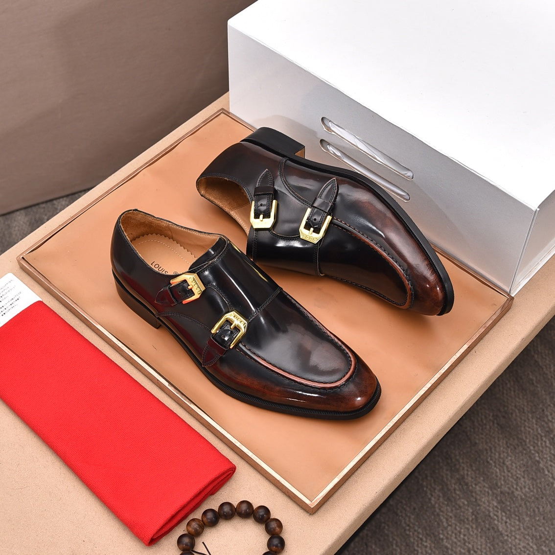 GG Men's Double Monk Strap Loafer Black Brown Cowhide