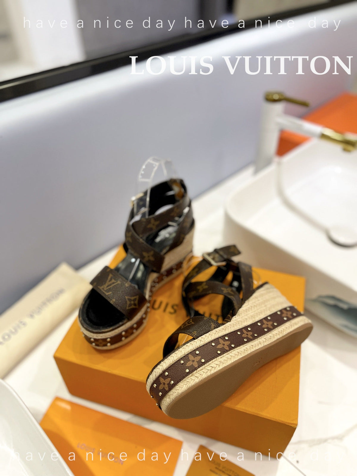 LV Straw Platform Sandals 100mm Dark Brown Monogram Cowhide