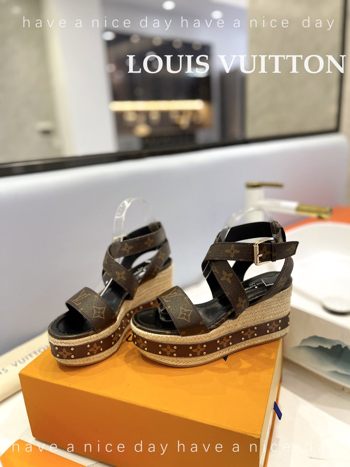 LV Straw Platform Sandals 100mm Dark Brown Monogram Cowhide