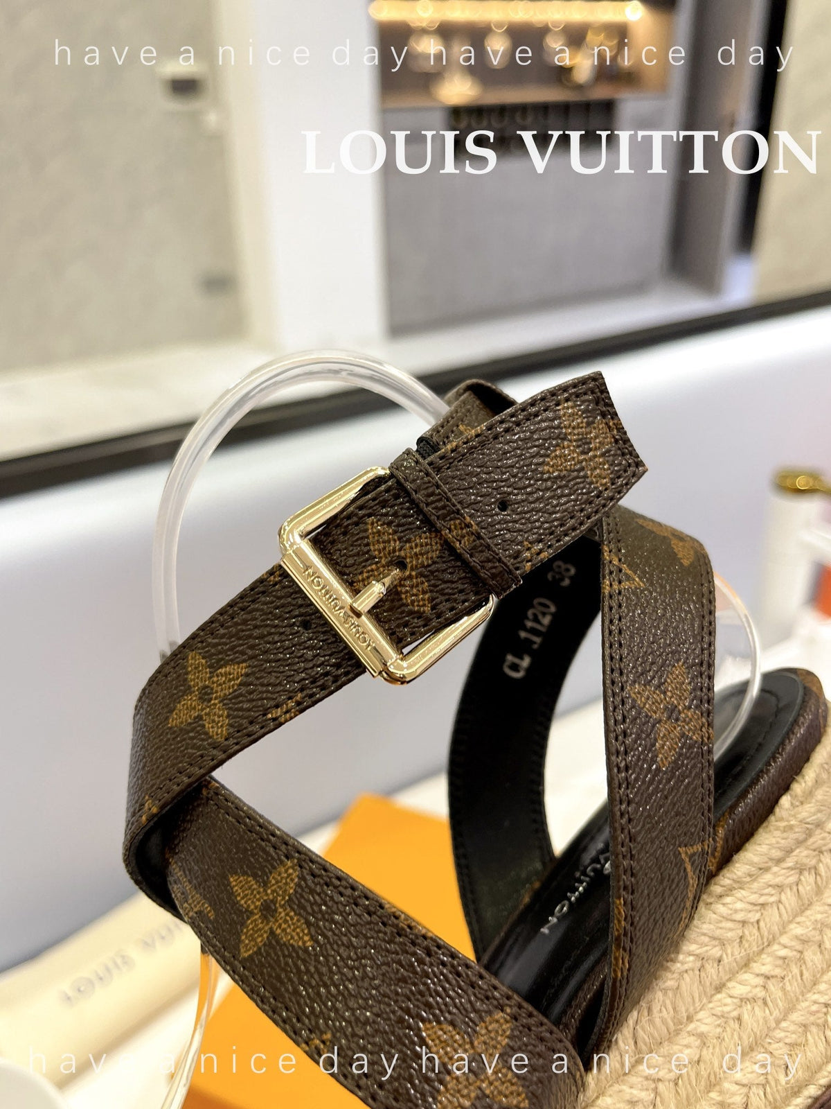 LV Straw Platform Sandals 100mm Dark Brown Monogram Cowhide