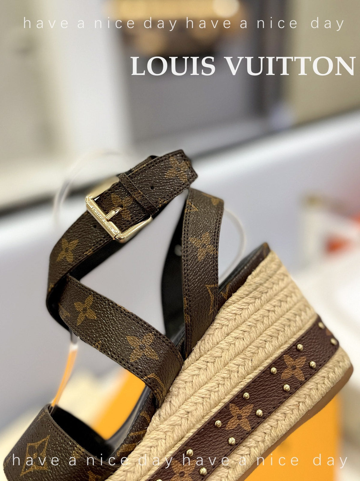 LV Straw Platform Sandals 100mm Dark Brown Monogram Cowhide