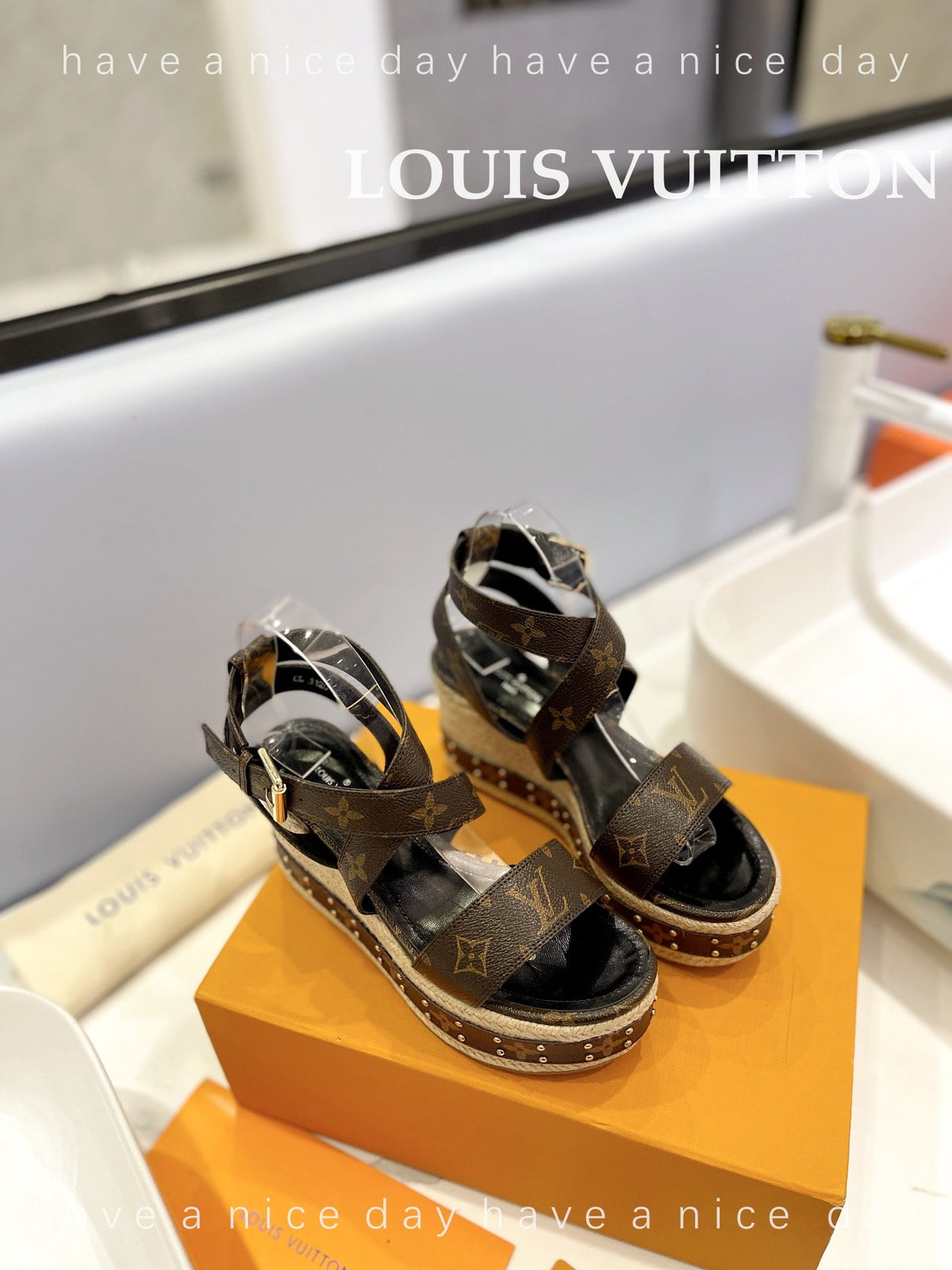 LV Straw Platform Sandals 100mm Dark Brown Monogram Cowhide