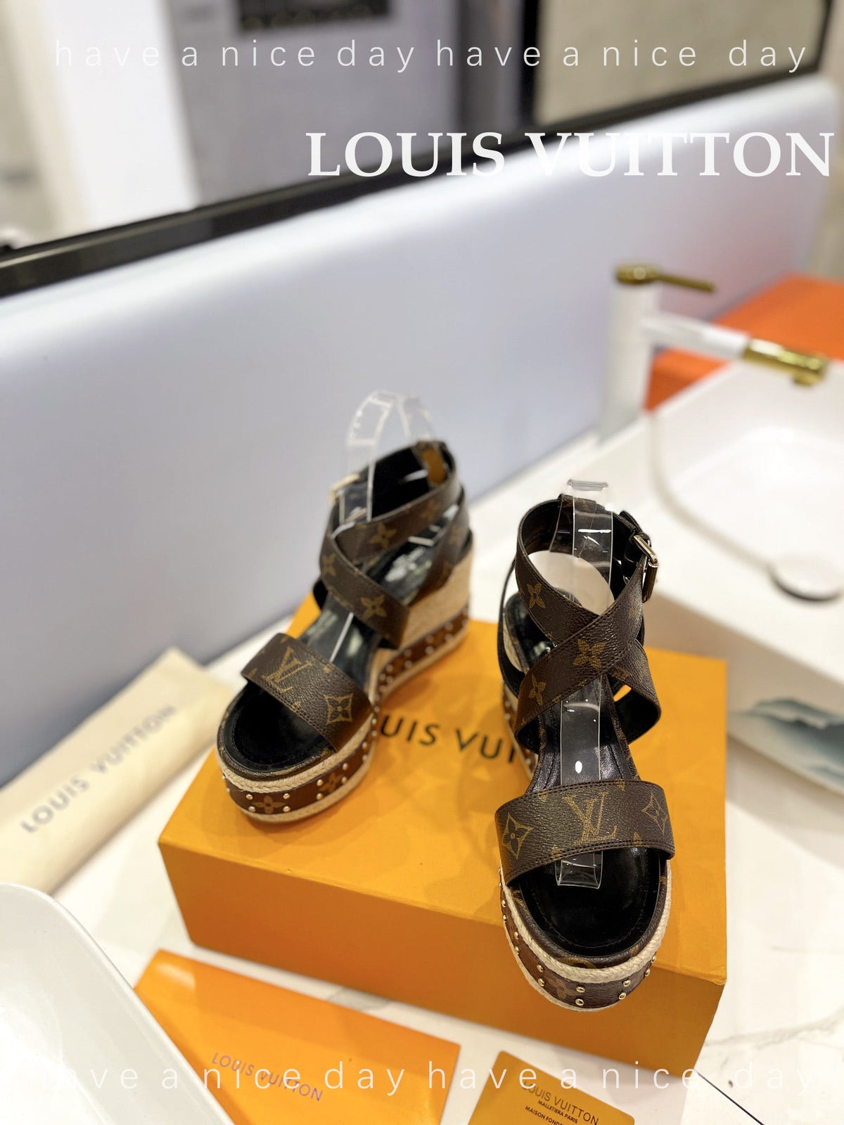 LV Straw Platform Sandals 100mm Dark Brown Monogram Cowhide