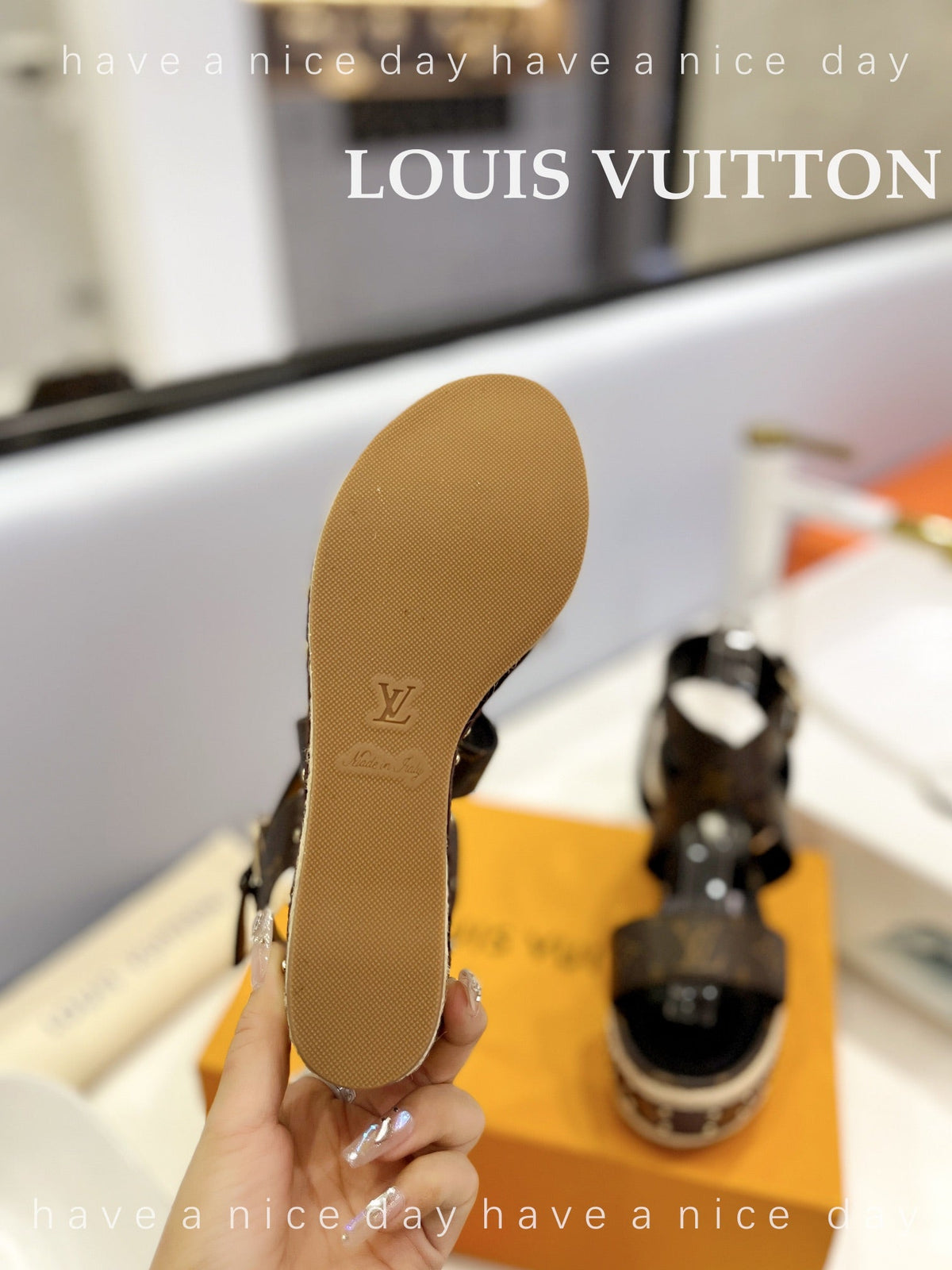 LV Straw Platform Sandals 100mm Dark Brown Monogram Cowhide