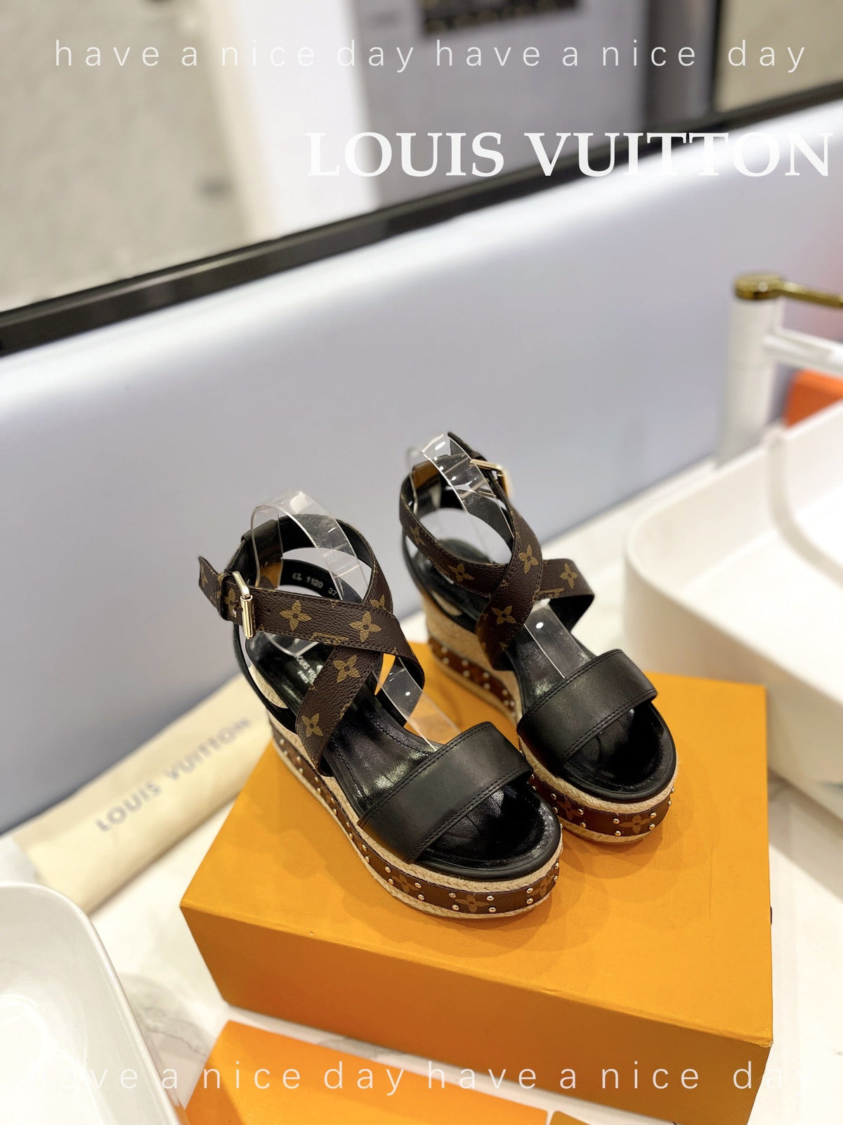 LV Straw Platform Sandals 100mm Brown Black Monogram Cowhide