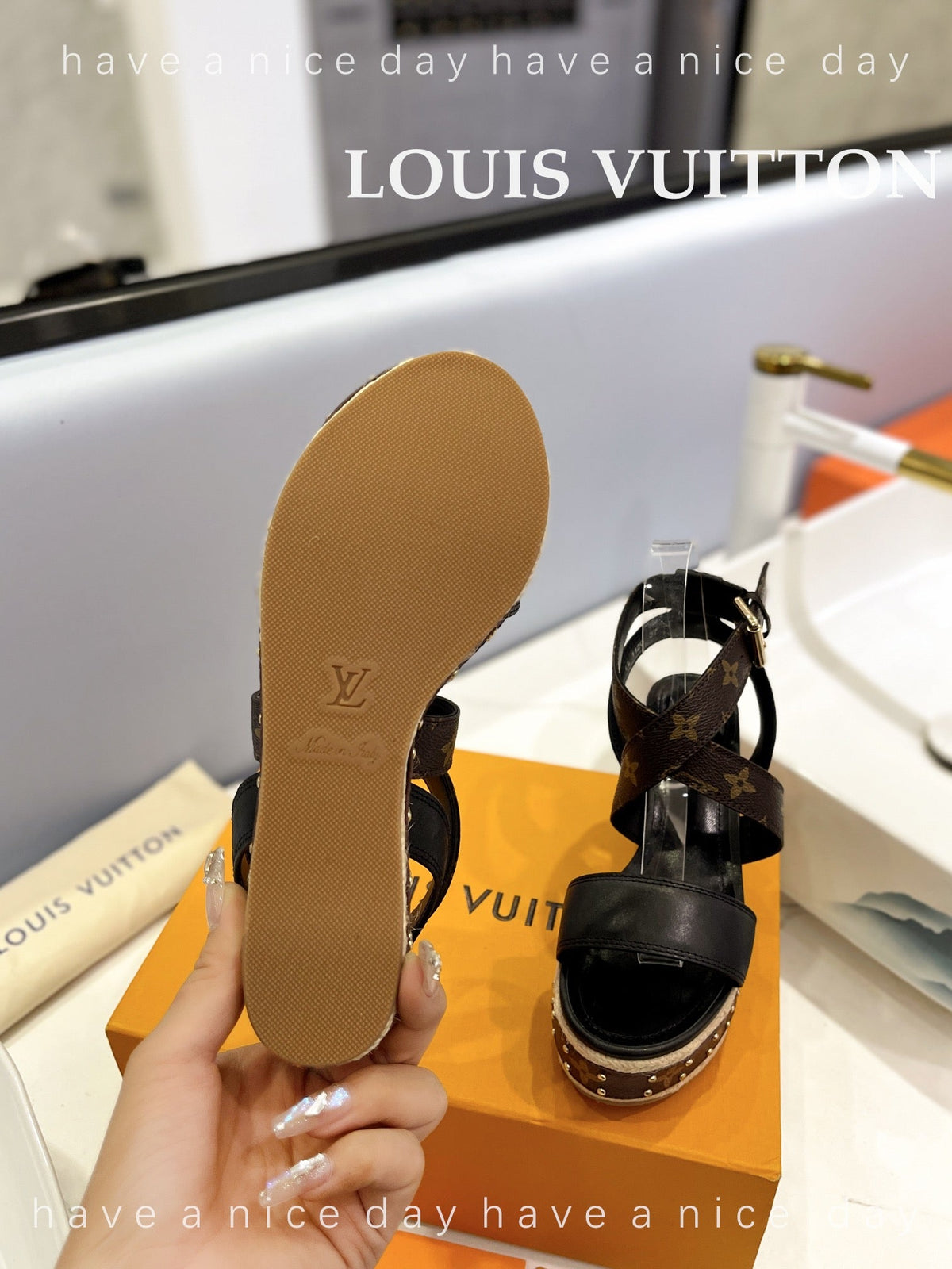 LV Straw Platform Sandals 100mm Brown Black Monogram Cowhide