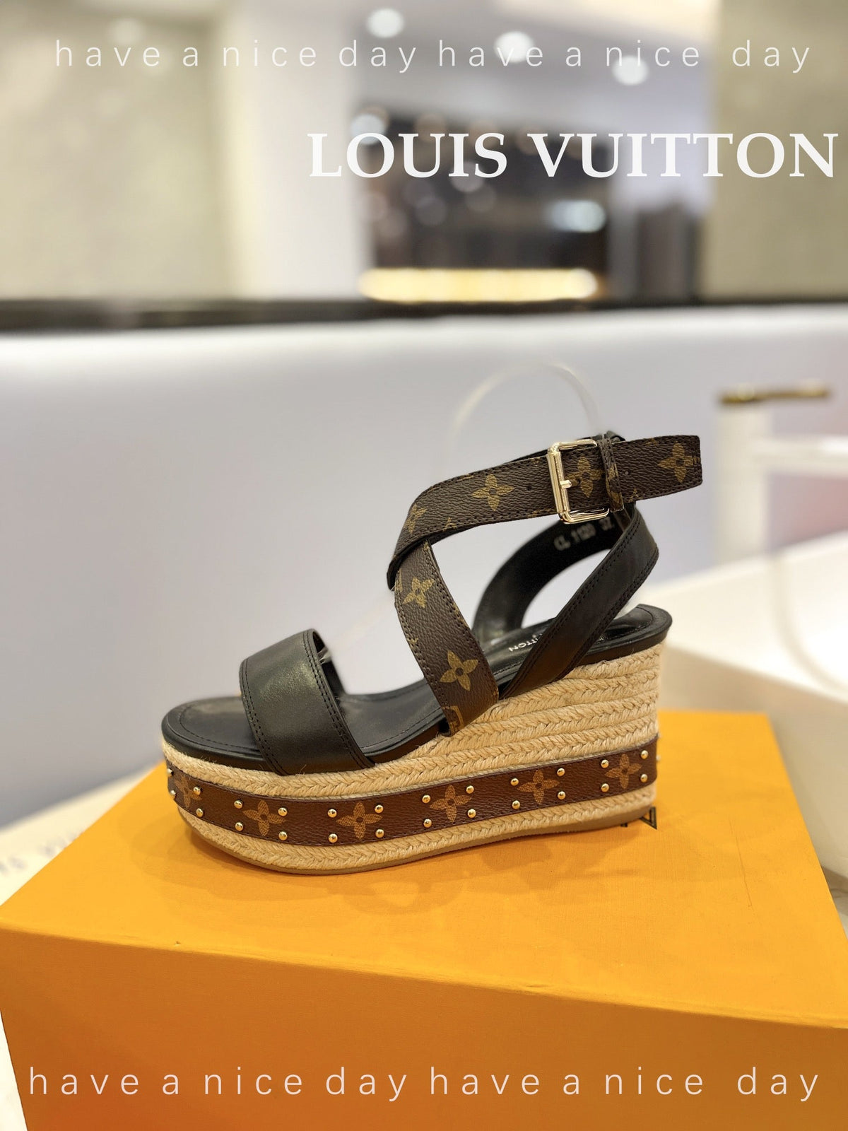 LV Straw Platform Sandals 100mm Brown Black Monogram Cowhide