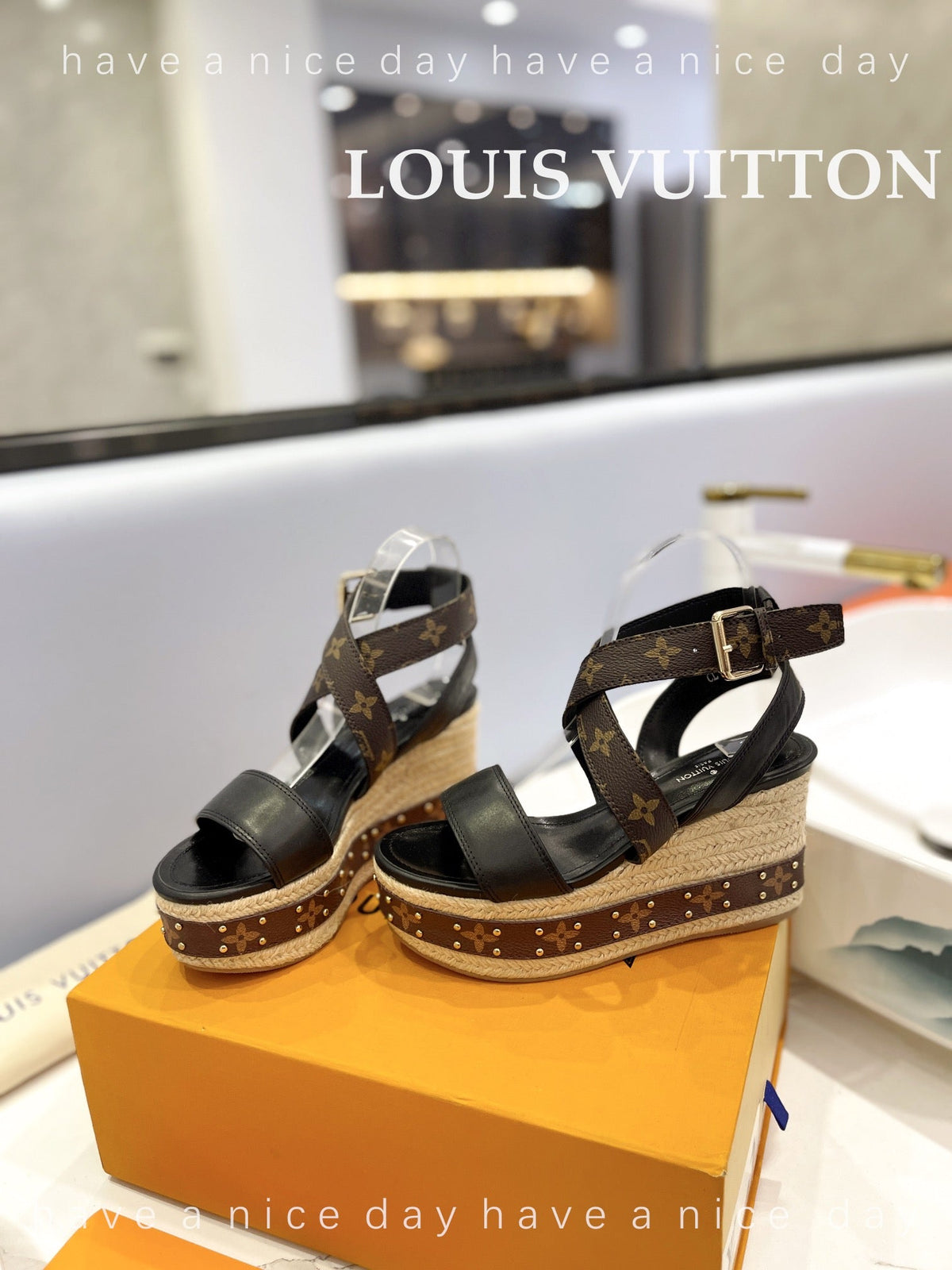 LV Straw Platform Sandals 100mm Brown Black Monogram Cowhide