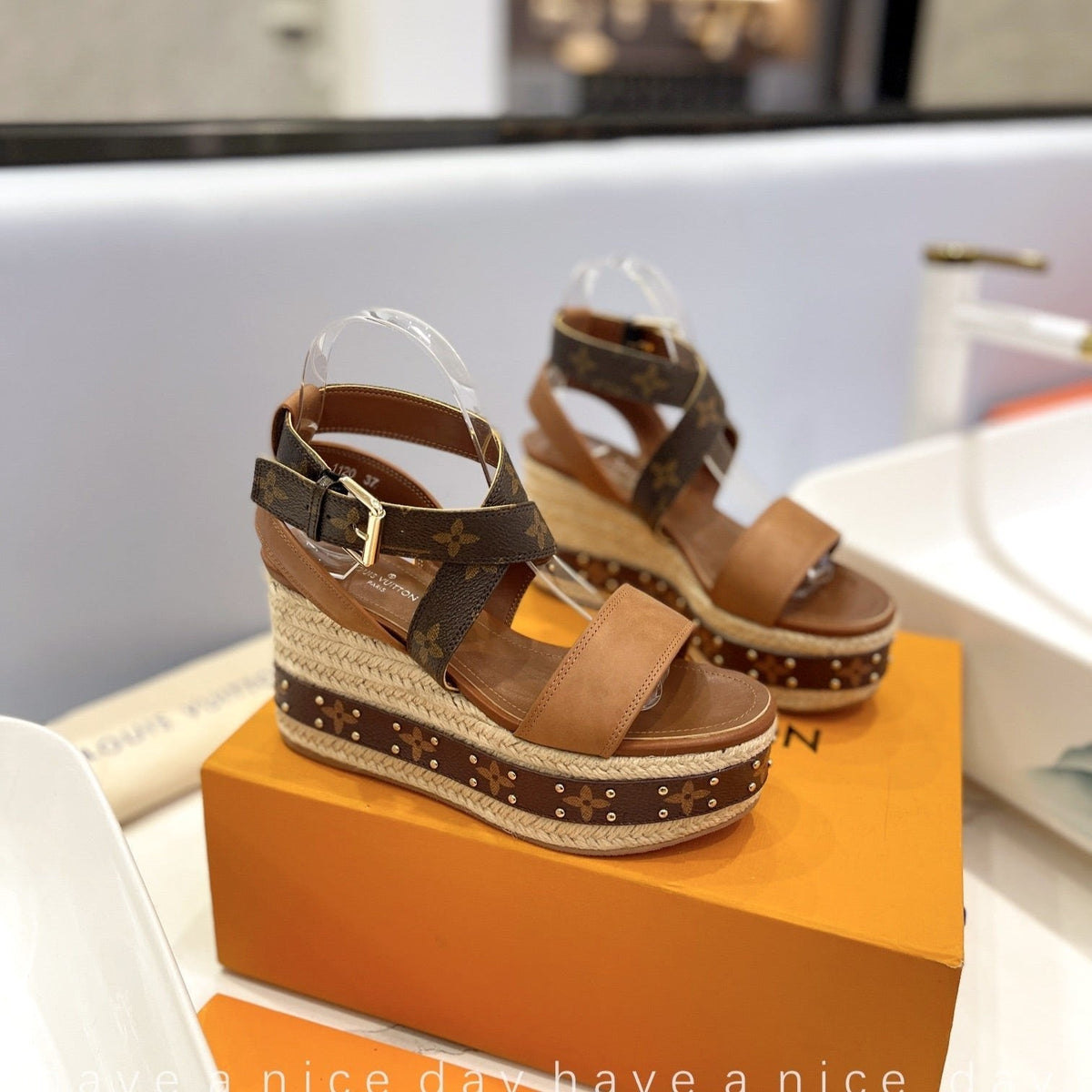 LV Straw Platform Sandals 100mm Brown Yellow Monogram Cowhide
