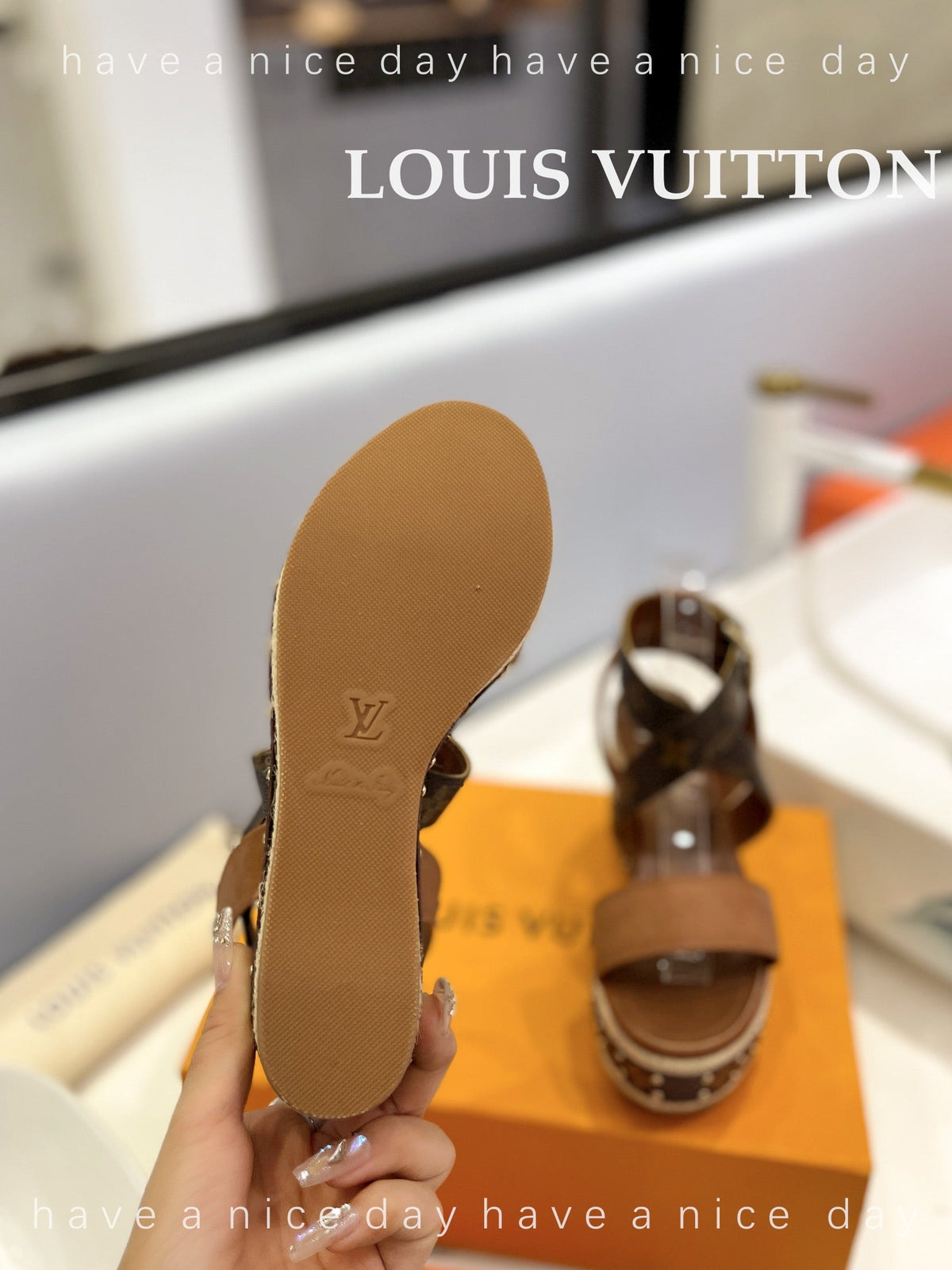 LV Straw Platform Sandals 100mm Brown Yellow Monogram Cowhide
