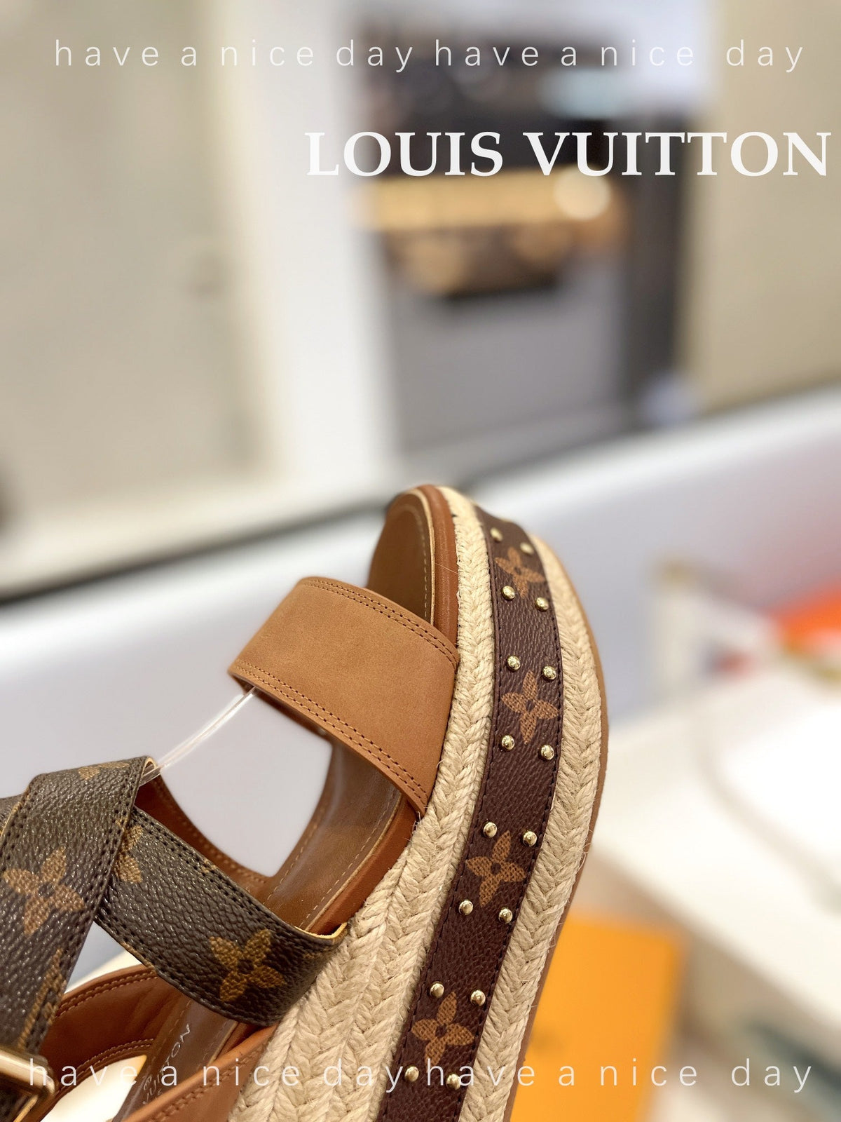LV Straw Platform Sandals 100mm Brown Yellow Monogram Cowhide