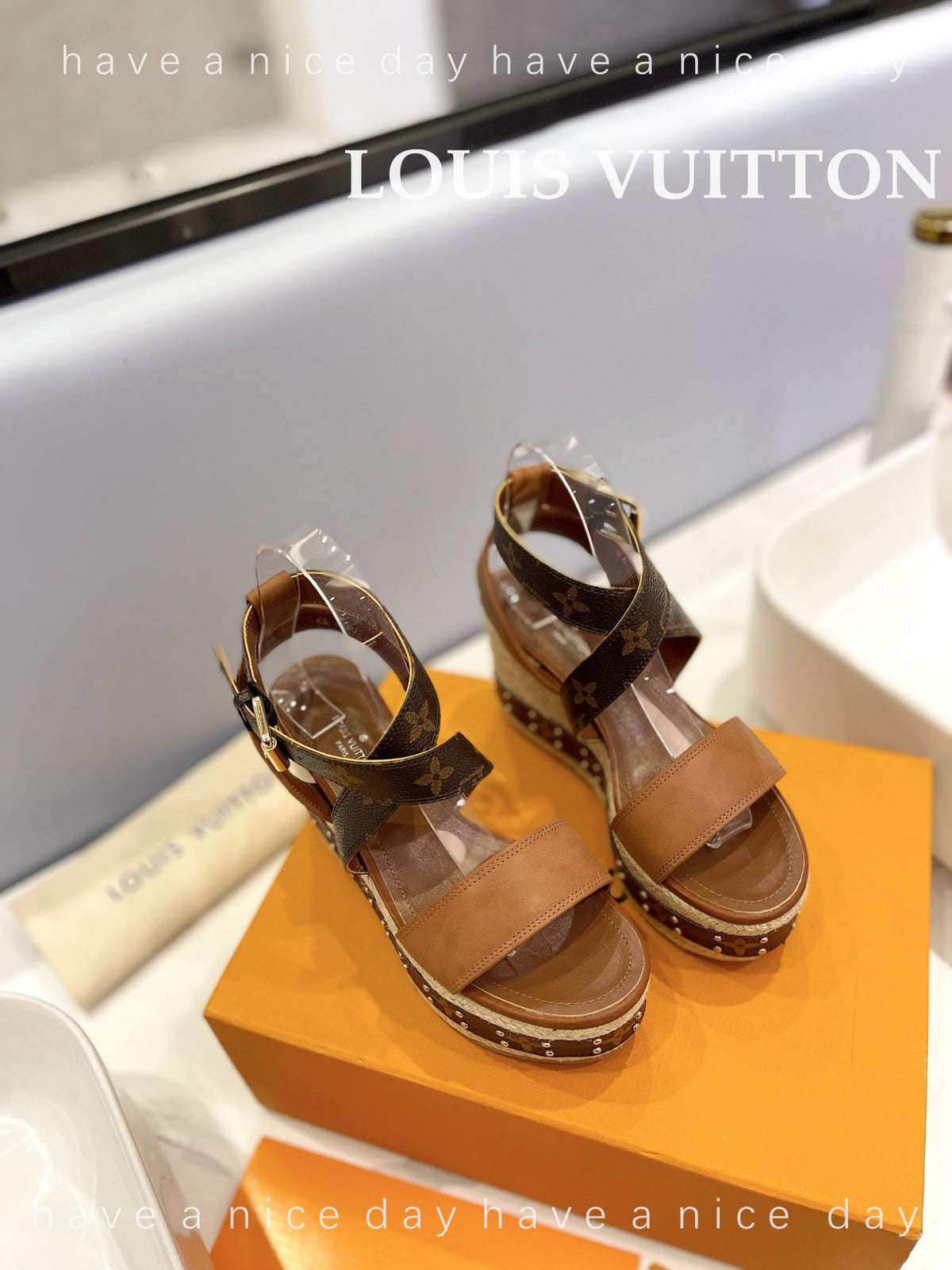 LV Straw Platform Sandals 100mm Brown Yellow Monogram Cowhide