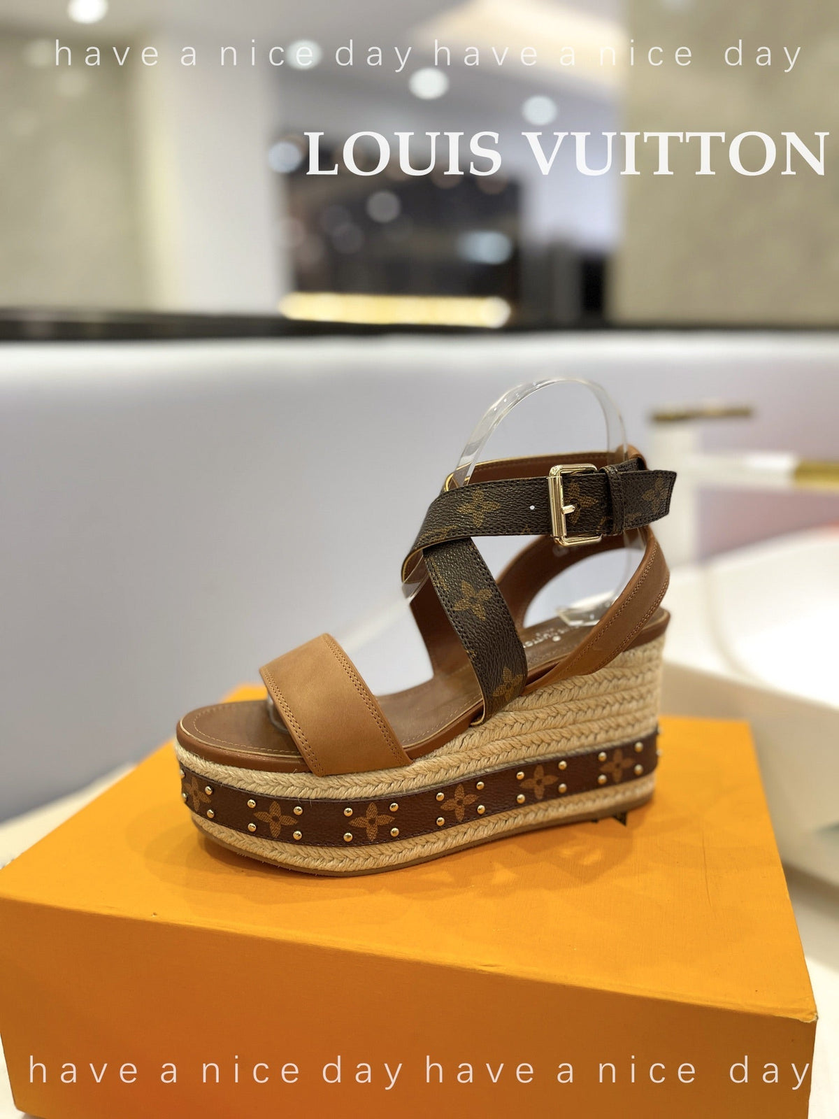LV Straw Platform Sandals 100mm Brown Yellow Monogram Cowhide